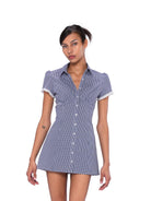 SweetChilling Fitted Cotton Blend Shirt Dress in Navy Blue - On Female Model