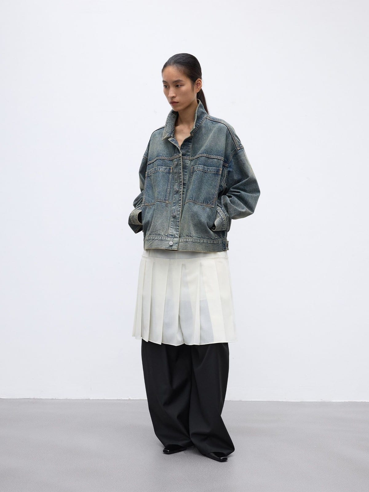 Random Piece Washed Cotton Cropped Denim Jacket in Denim - On Female Model