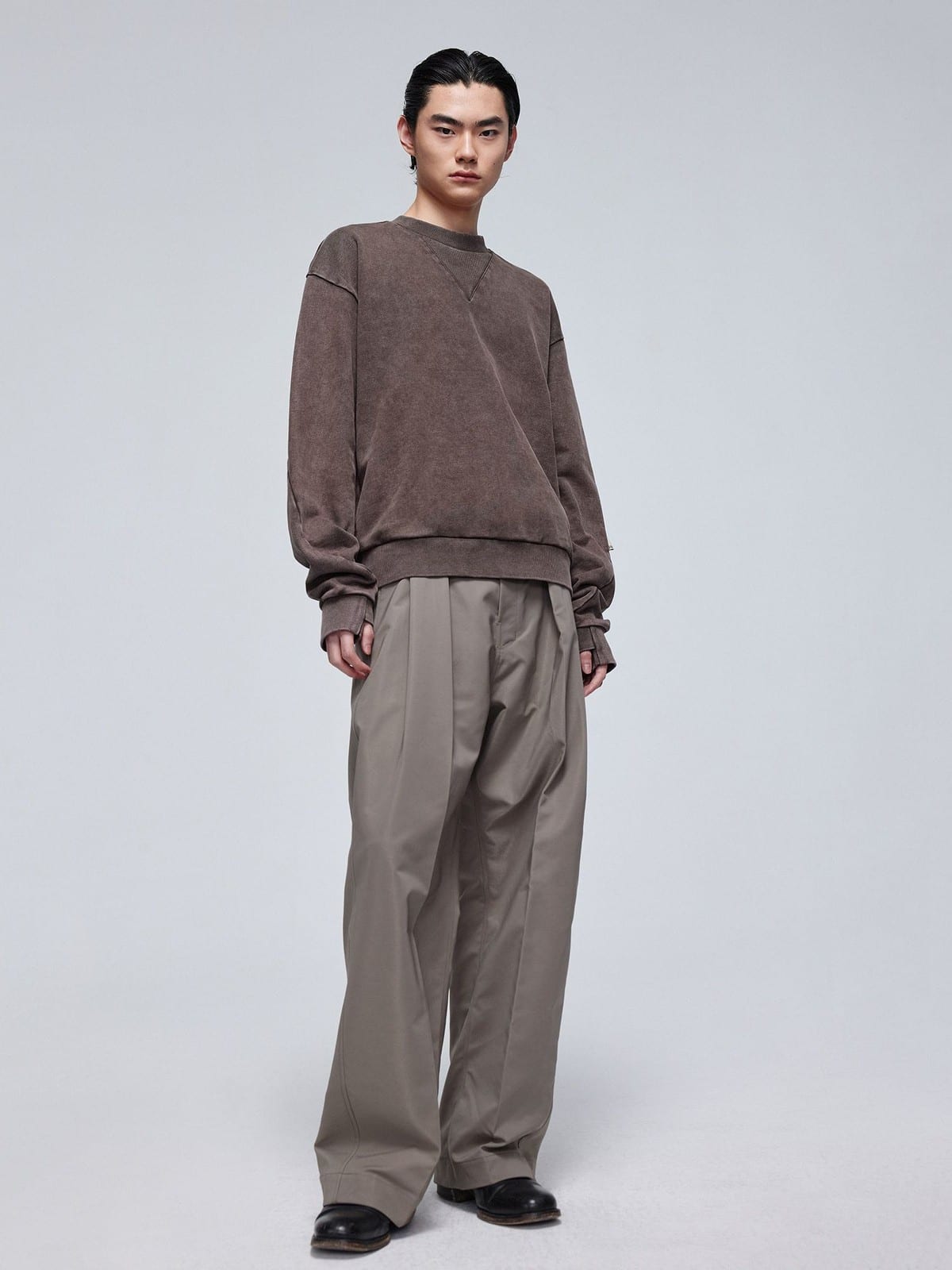 SIMPLE PROJECT Faded Cotton Crewneck Sweatshirt in Coffee - On Male Model