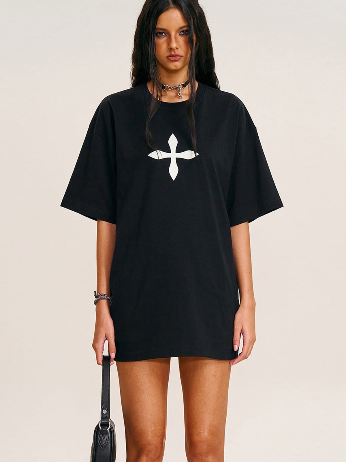SMFK Cross Graphic 100 Cotton T Shirt in Black - On Female Model