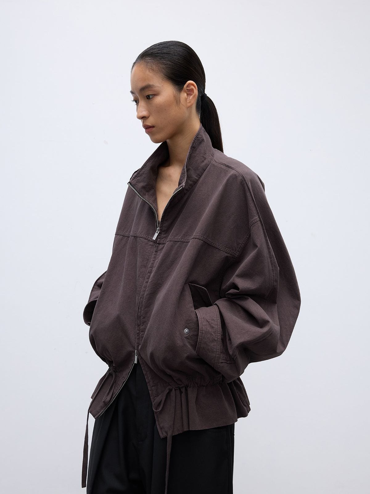 Random Piece Washed Cotton Drawstring Jacket in Brown - On Female Model