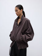 Random Piece Washed Cotton Drawstring Jacket in Brown - On Female Model