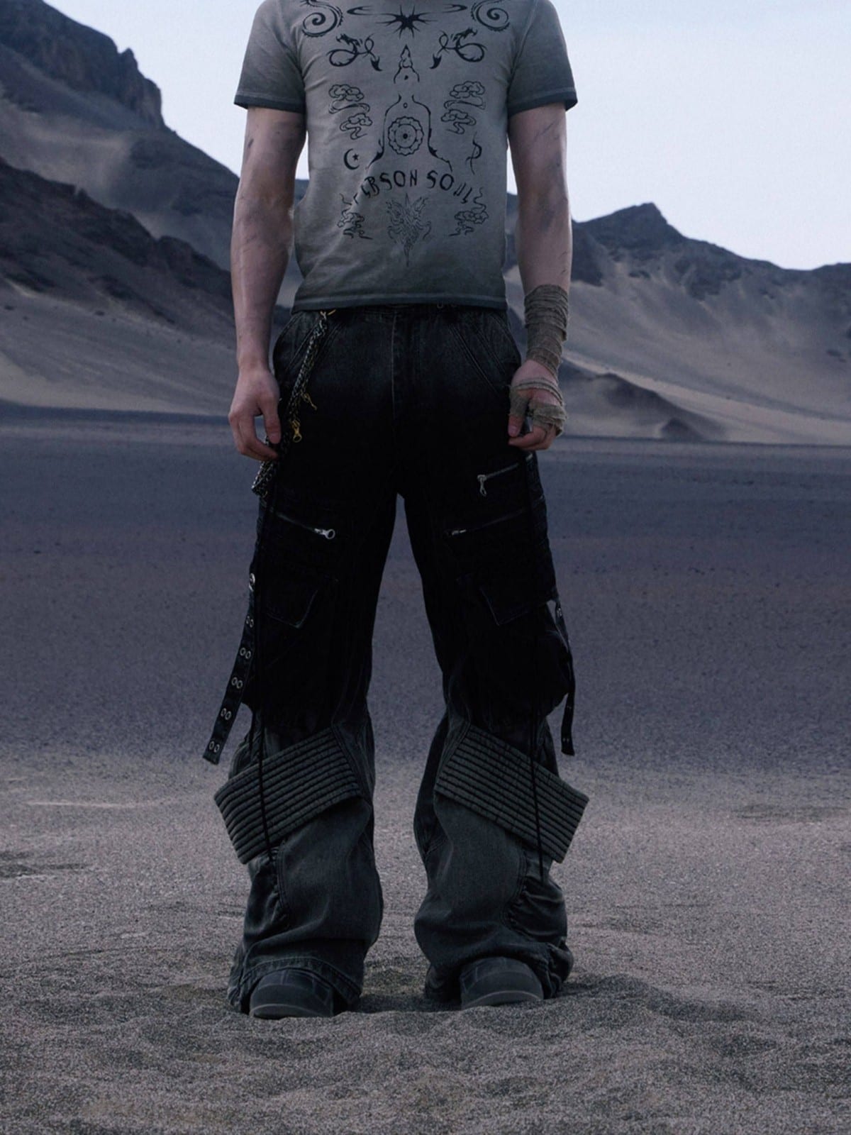 PERSONSOUL Gradient Washed Cargo Jeans in Black - On Male Model