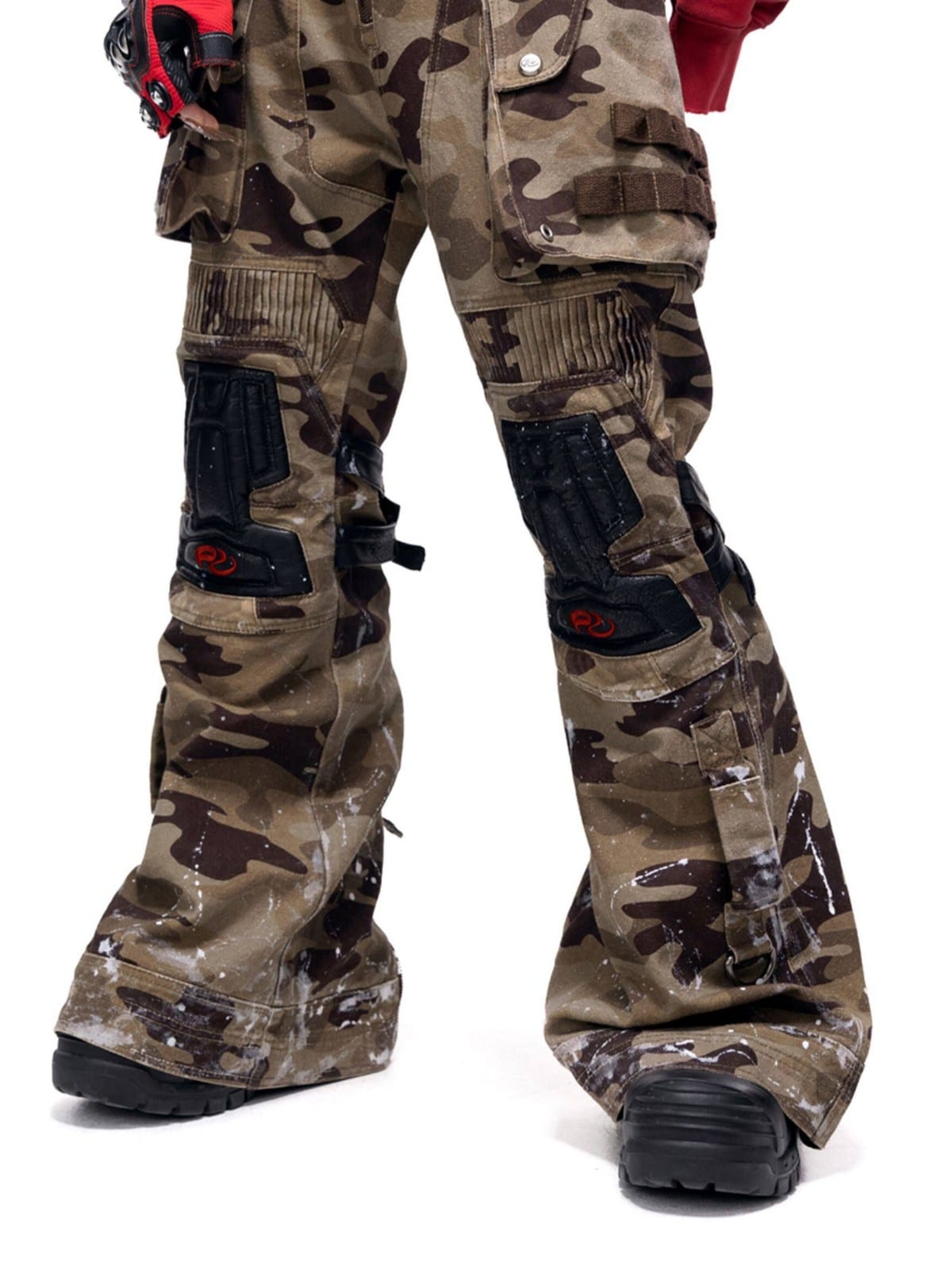PERSONSOUL Camouflage Bootcut Cargo Pants in Brown - On Model