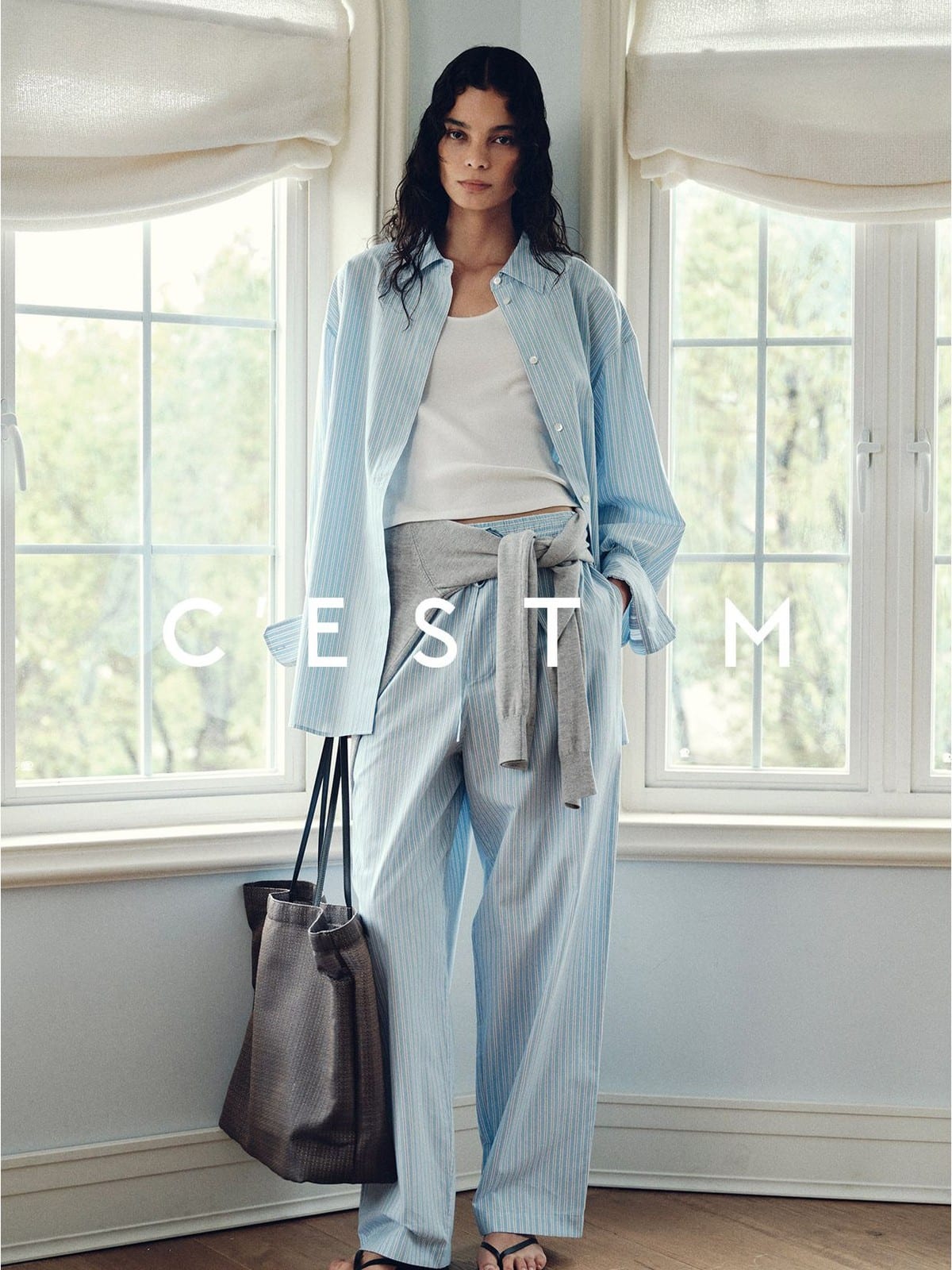 CEST M Striped Pima Cotton Shirt Pants Set in Sky Blue - On Female Model