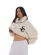 SweetChilling Sherpa Collar Varsity Jacquard Cardigan in White - On Female Model