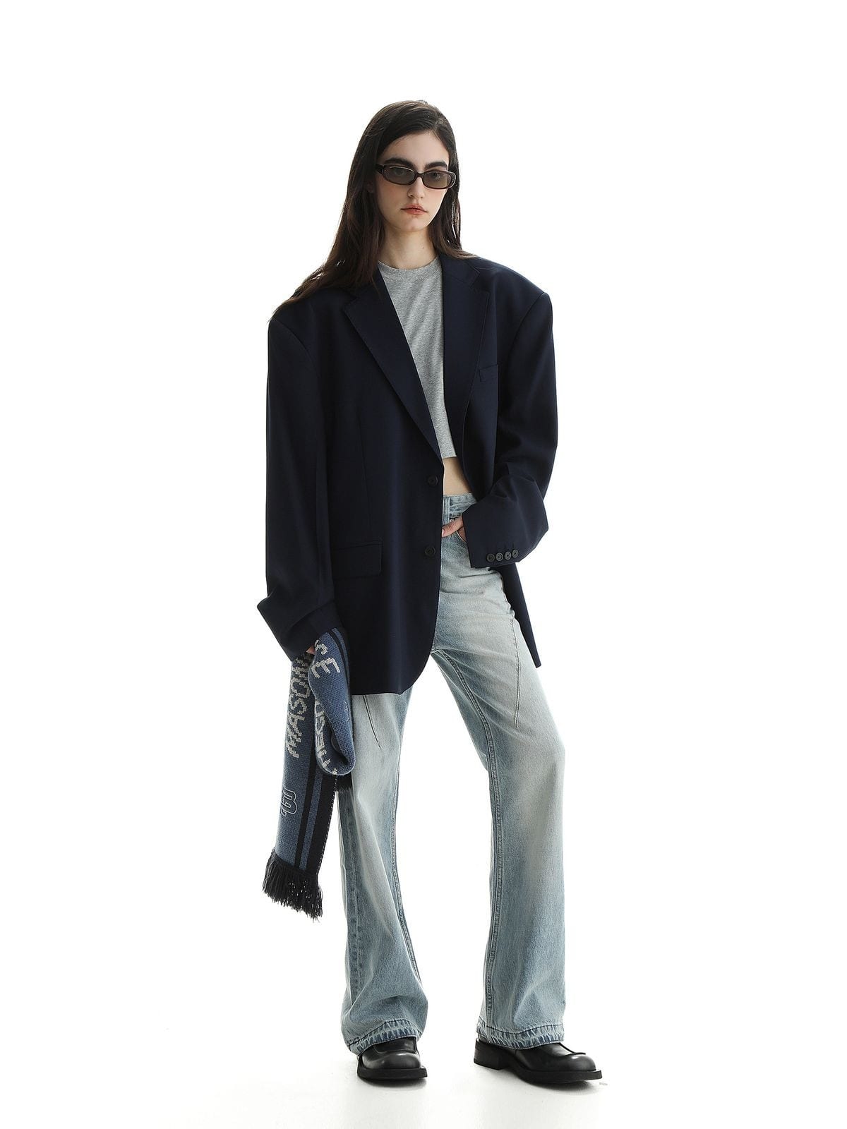 MASONPRINCE Minimalist Textured Two Button Blazer in Navy Blue - On Female Model