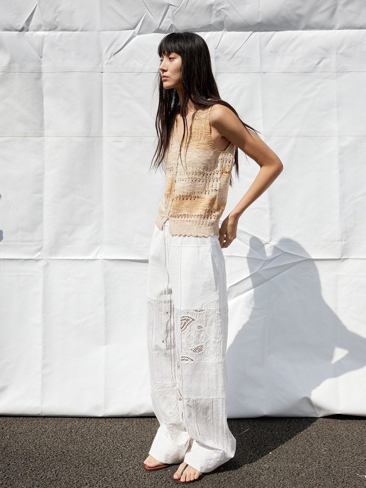 Random Piece Embroidered Cutout Wide Leg Pants in White - On Female Model