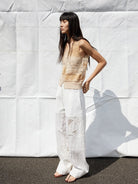 Random Piece Embroidered Cutout Wide Leg Pants in White - On Female Model