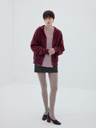 SIMPLE PROJECT Cotton Blend Zip Up Hoodie in Burgundy - On Female Model
