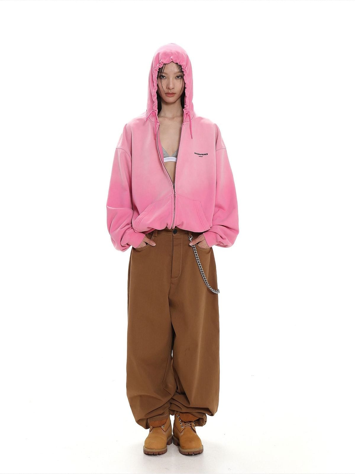 MASONPRINCE Blurred Graphic Zip Up Hoodie in Pink - On Female Model