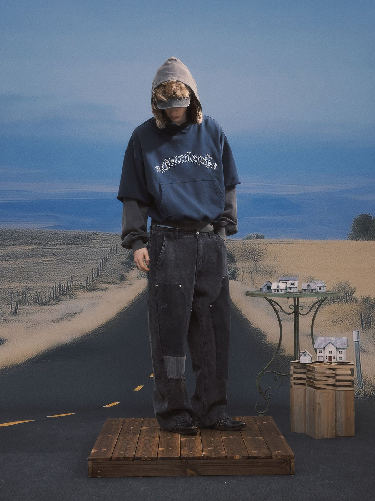 SOD Washed Corduroy Patchwork Logger Pants in Black - On Male Model