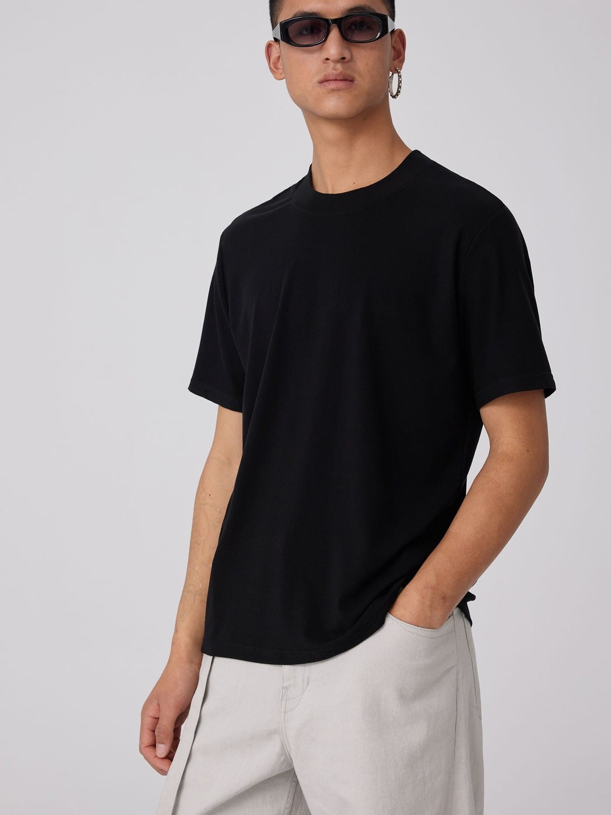 SIMPLE PROJECT Wool Blend Crewneck T Shirt in Black - On Male Model