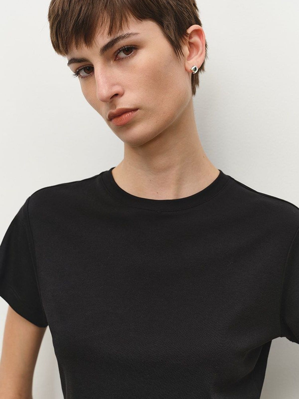 MSBEAST Acetate Cotton Flutter Sleeve T Shirt in Black - On Female Model