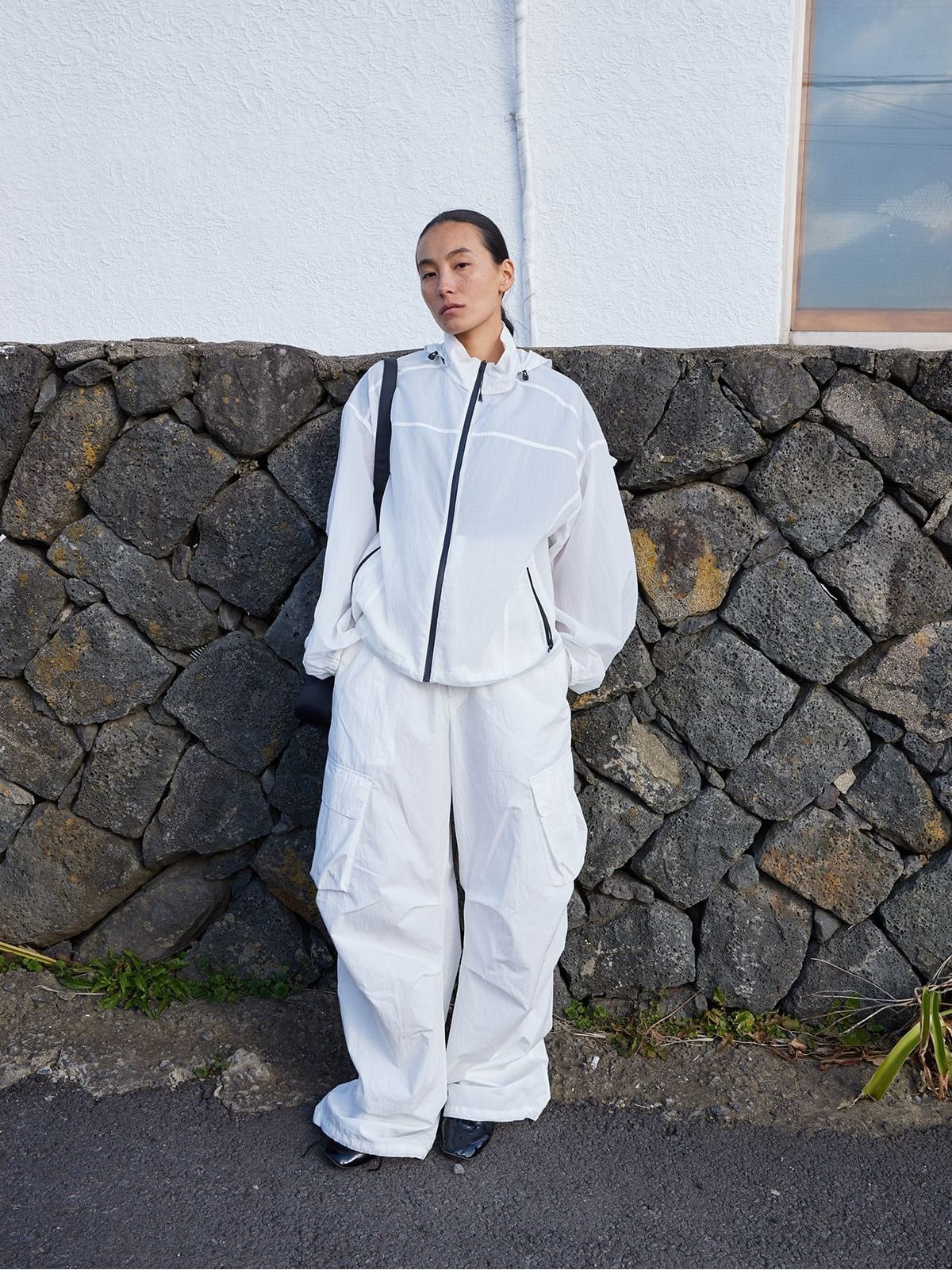 Random Piece Lightweight Cropped Hooded Nylon Jacket in White - On Female Model