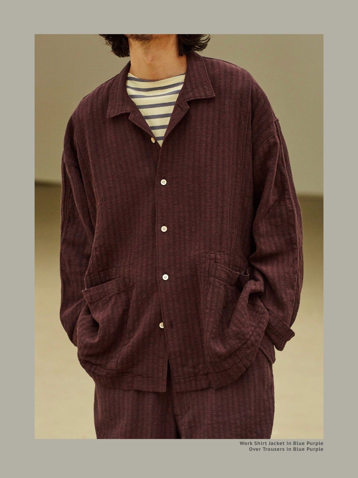 USAGE Textured Cotton Ramie Work Shirt in Purple - On Male Model