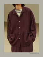 USAGE Textured Cotton Ramie Work Shirt in Purple - On Male Model