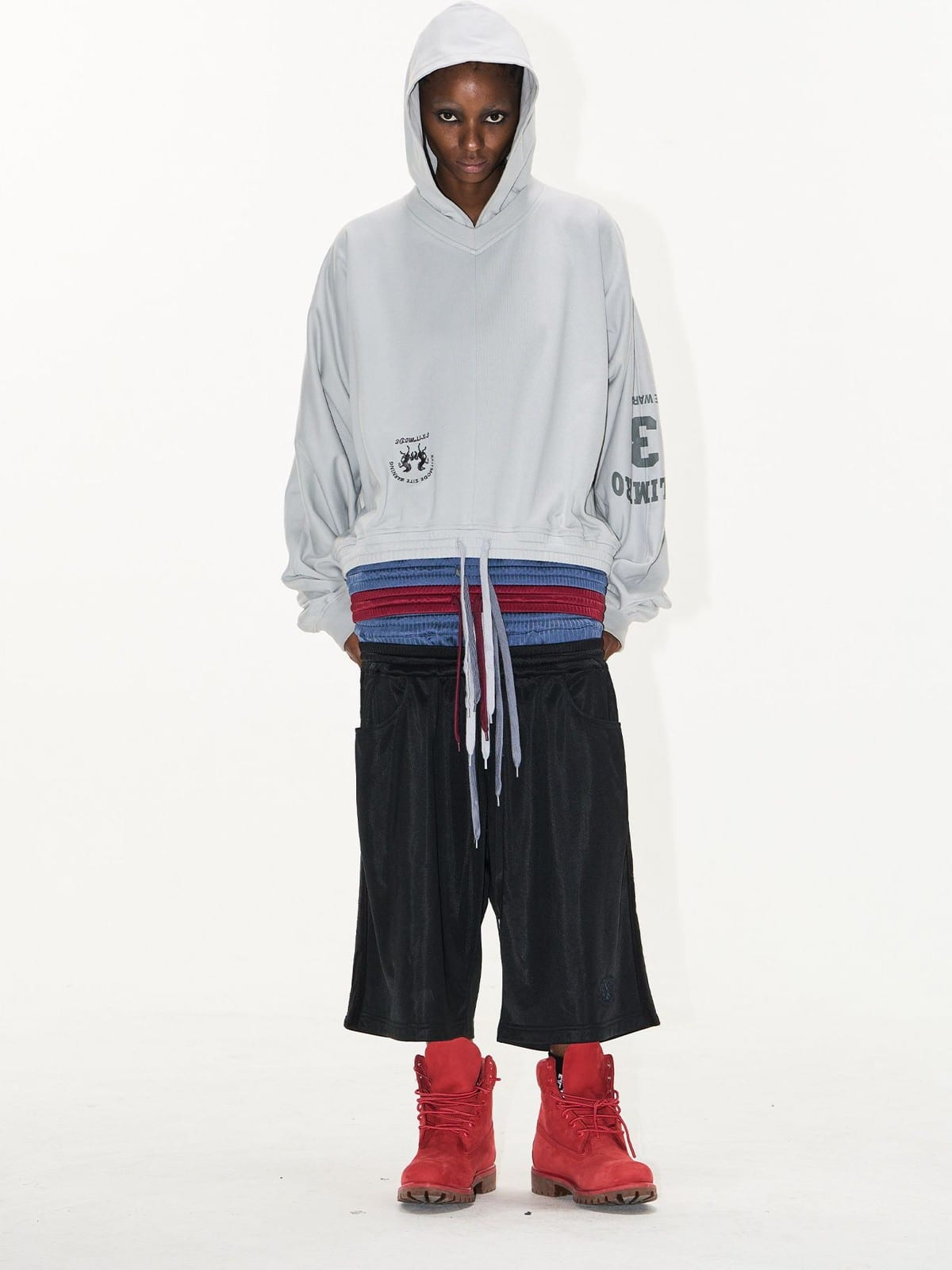 BLINDNOPLAN Layered Waistband Spliced Hoodie in Gray - On Female Model
