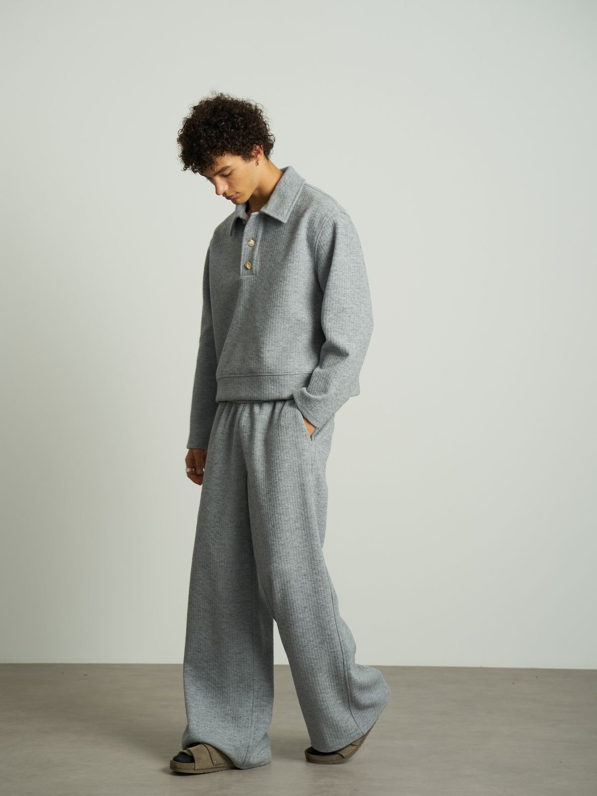 Retro 21 Wool Blend Micro Flare Knit Pants in Gray - On Male Model