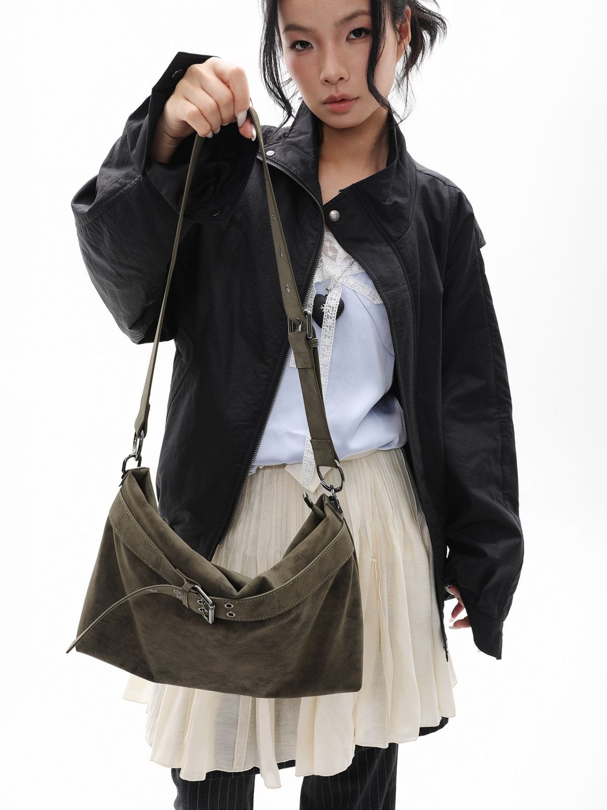 JANDRESS Belted Matte Leather Hobo Bag in Green - On Female Model