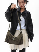 JANDRESS Belted Matte Leather Hobo Bag in Green - On Female Model