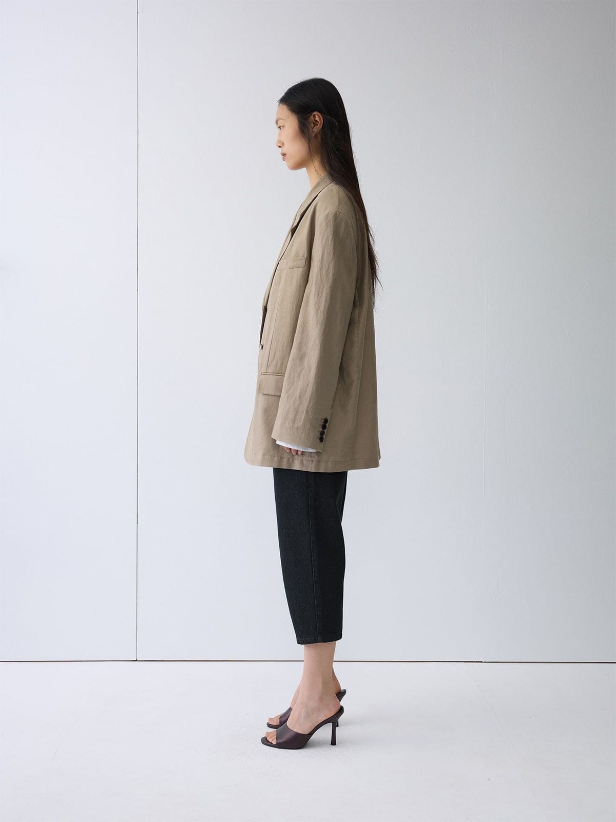 Random Piece Drop Shoulder Cotton Linen Blazer in Beige - On Female Model