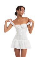 SweetChilling Eyelet Cotton Off Shoulder Mini Dress in White - On Female Model