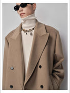 NANS Wool Double Breasted Peak Lapel Coat in Beige - On Male Model