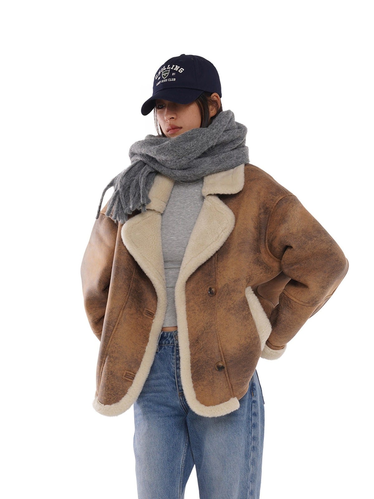 SweetChilling Vintage Faux Shearling Cropped Jacket in Brown - On Female Model