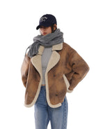 SweetChilling Vintage Faux Shearling Cropped Jacket in Brown - On Female Model