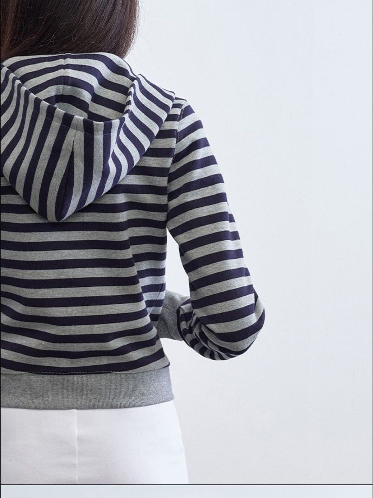 RARELY ALIKE Cropped Striped Zip Up Hoodie in Navy - On Female Model