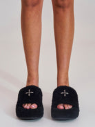 SMFK Cross Hardware Shearling High Heel Mules in Black - On Female Model