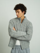 RETRO21 Double Zip Cable Knit Cardigan in Gray - On Male Model