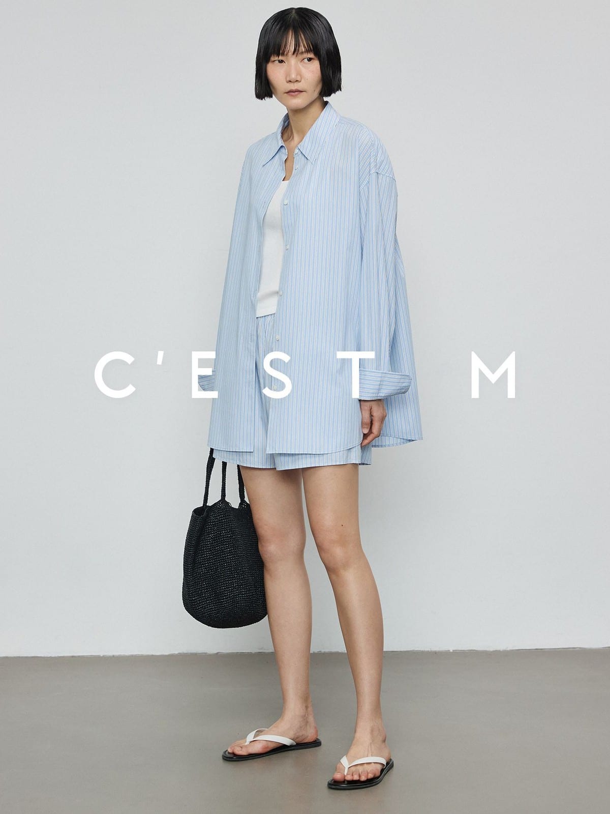 CEST M Striped Organic Pima Cotton Shorts in Sky Blue - On Female Model