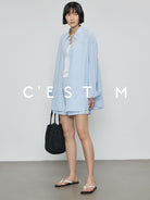 CEST M Striped Organic Pima Cotton Shorts in Sky Blue - On Female Model