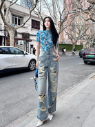 LOSTCTRL Heavy Distressed Double Layer Jeans in Blue - On Female Model