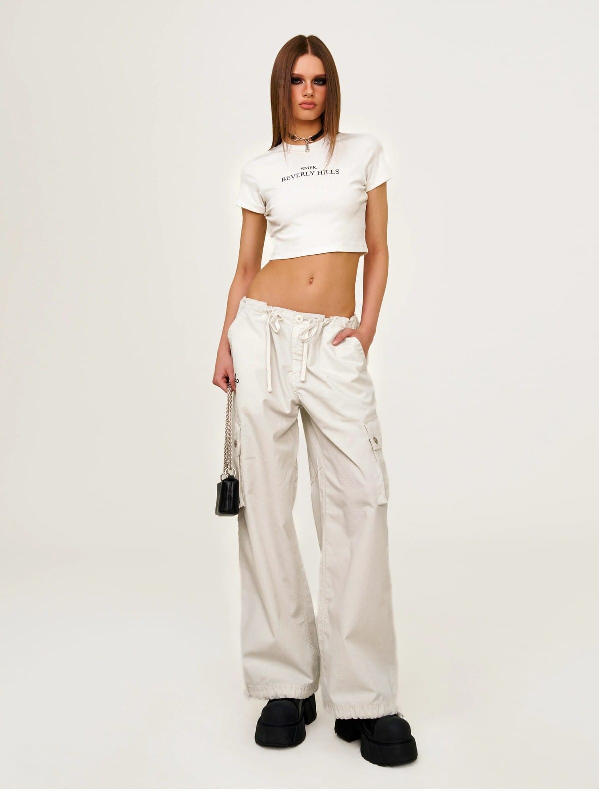 SMFK Wide Leg Parachute Cargo Pants in Gray - On Female Model