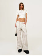 SMFK Wide Leg Parachute Cargo Pants in Gray - On Female Model