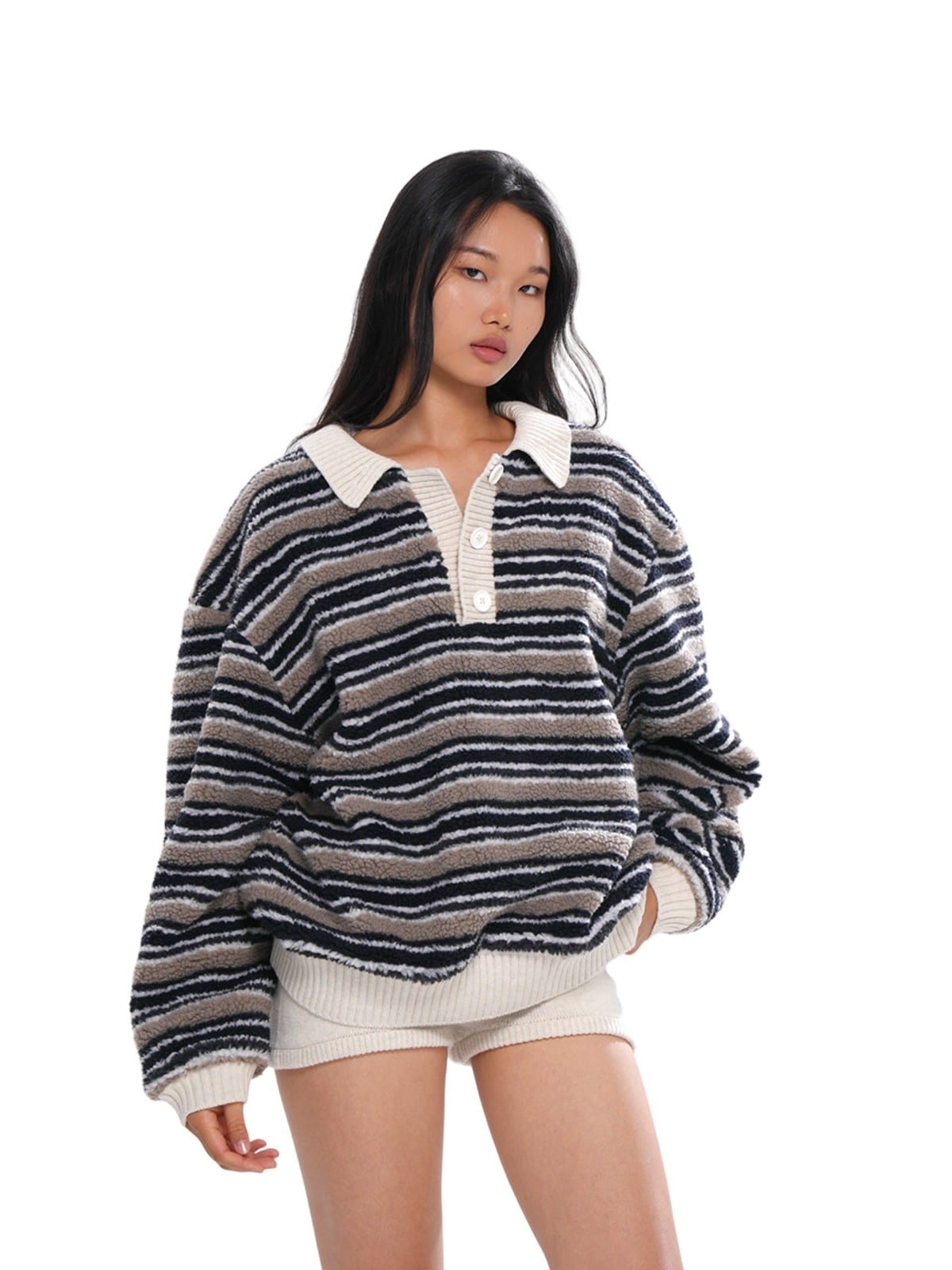 SweetChilling Striped Polar Fleece Polo Pullover in Brown - On Female Model