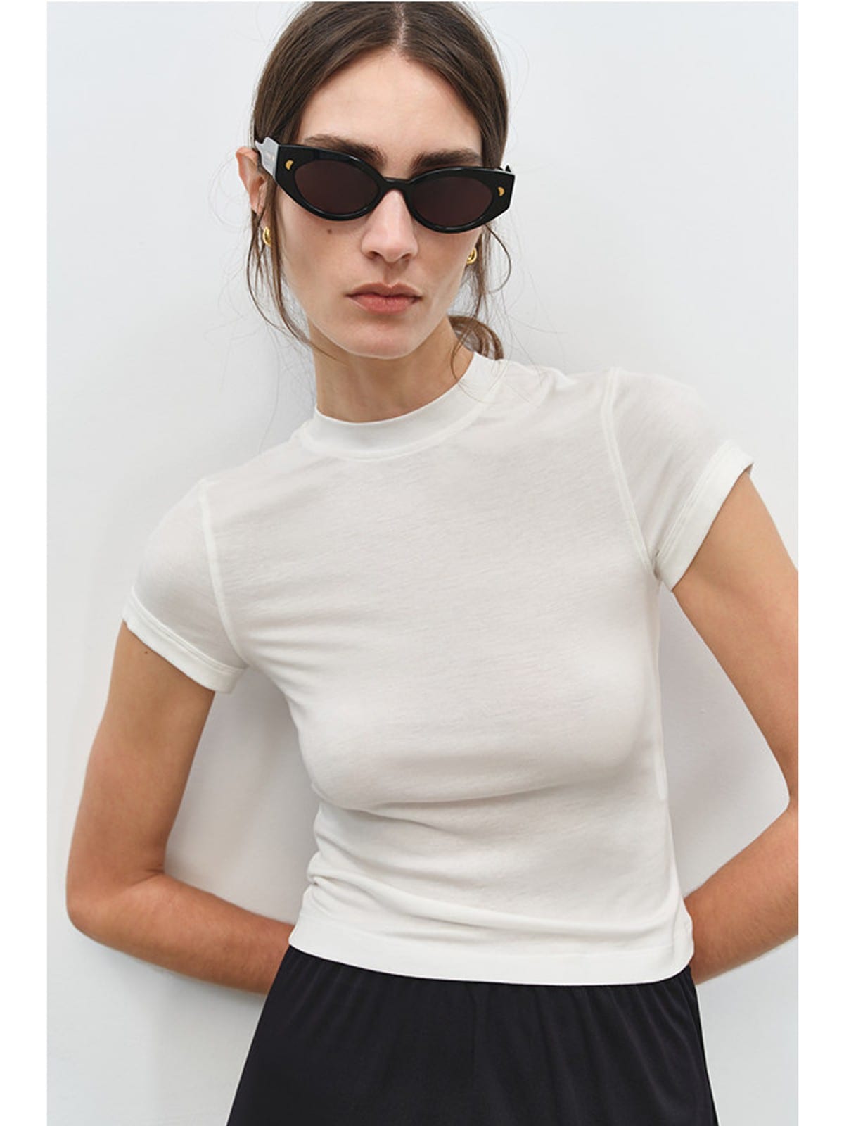 MSBEAST Acetate Modal Cap Sleeve Cropped T Shirt in White - On Female Model