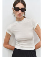 MSBEAST Acetate Modal Cap Sleeve Cropped T Shirt in White - On Female Model