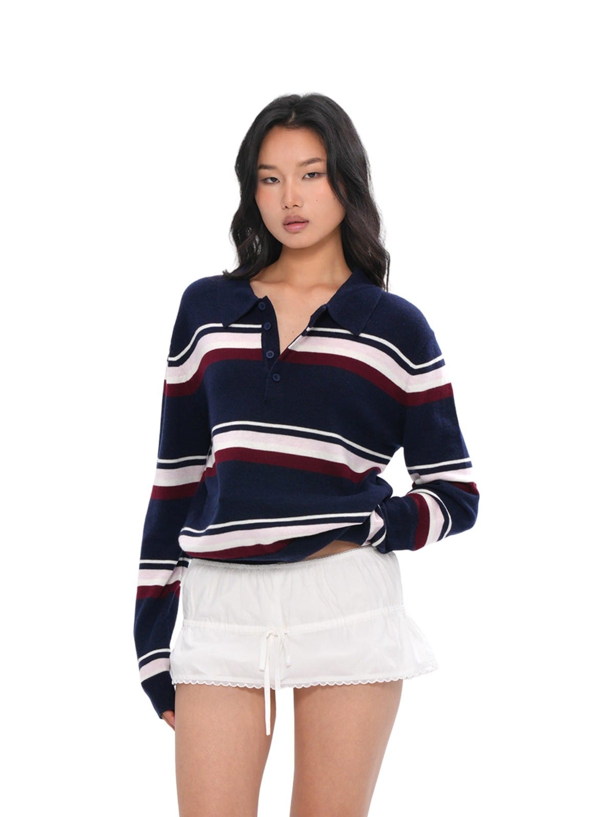 SweetChilling Striped Wool Blend Polo Sweater in Navy Blue - On Female Model