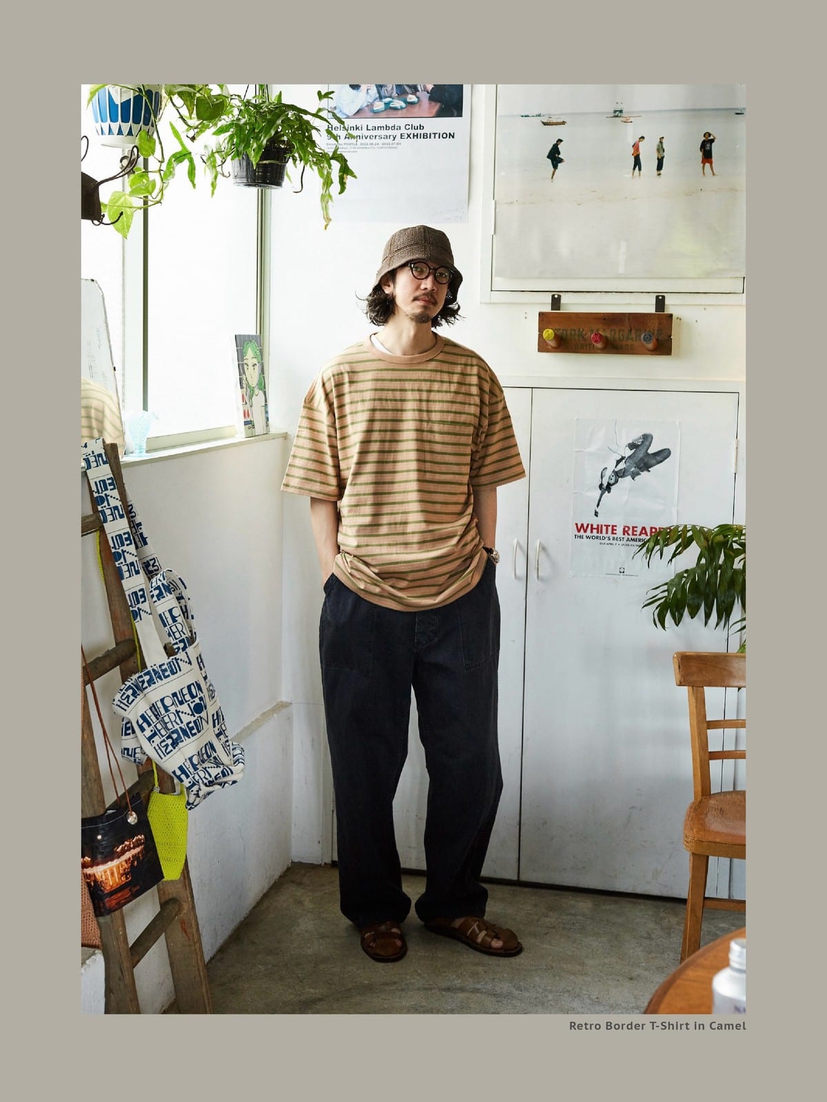 USAGE Retro Striped Cotton T Shirt in Pink - On Male Model