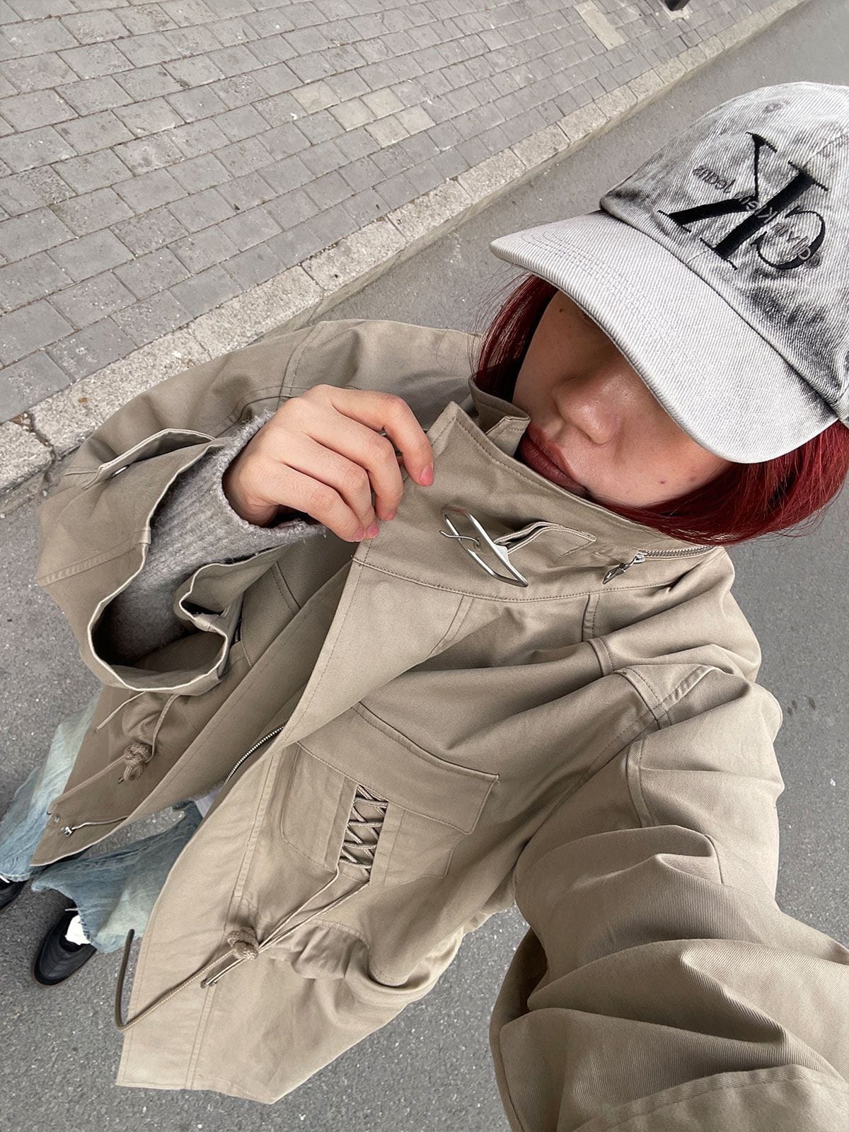 Random Piece Drawstring Cotton Twill Utility Jacket in Beige - On Female Model