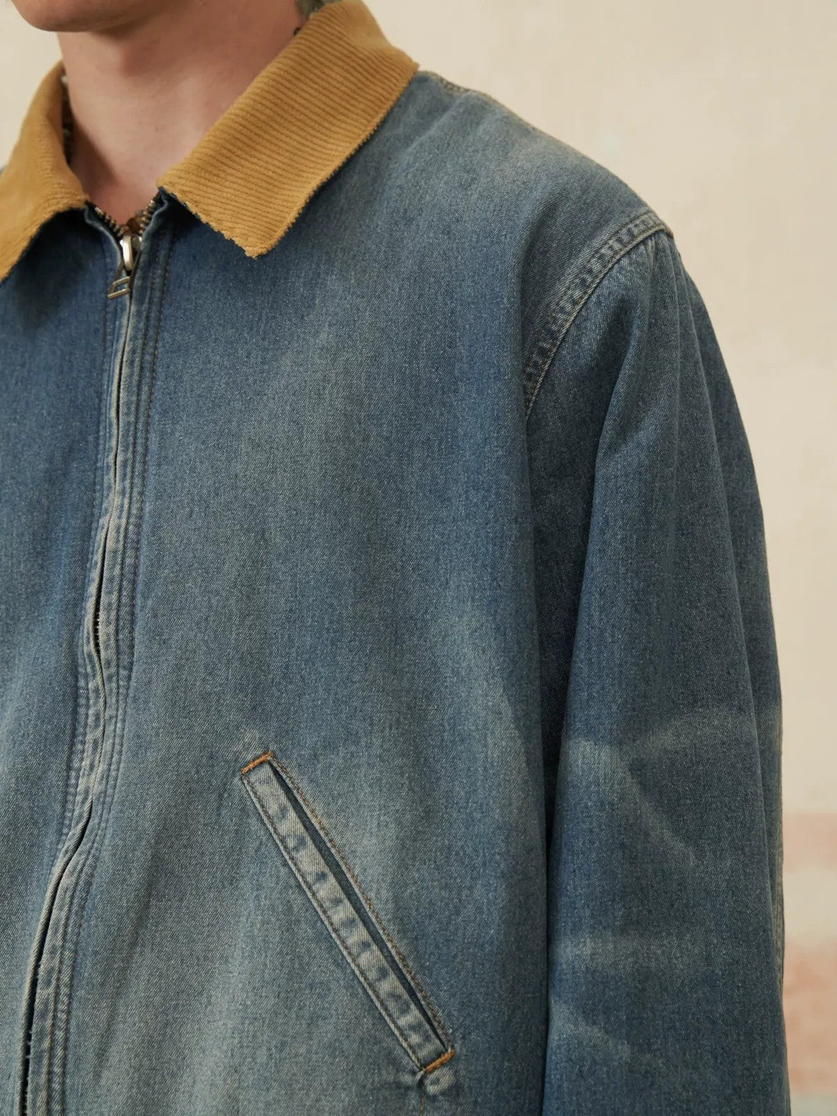 Retro 21 Corduroy Collar Zip Denim Jacket in Blue - On Male Model