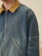 Retro 21 Corduroy Collar Zip Denim Jacket in Blue - On Male Model
