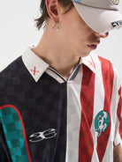 BLINDNOPLAN Digital Print Color Block Jersey Polo in Black - On Male Model