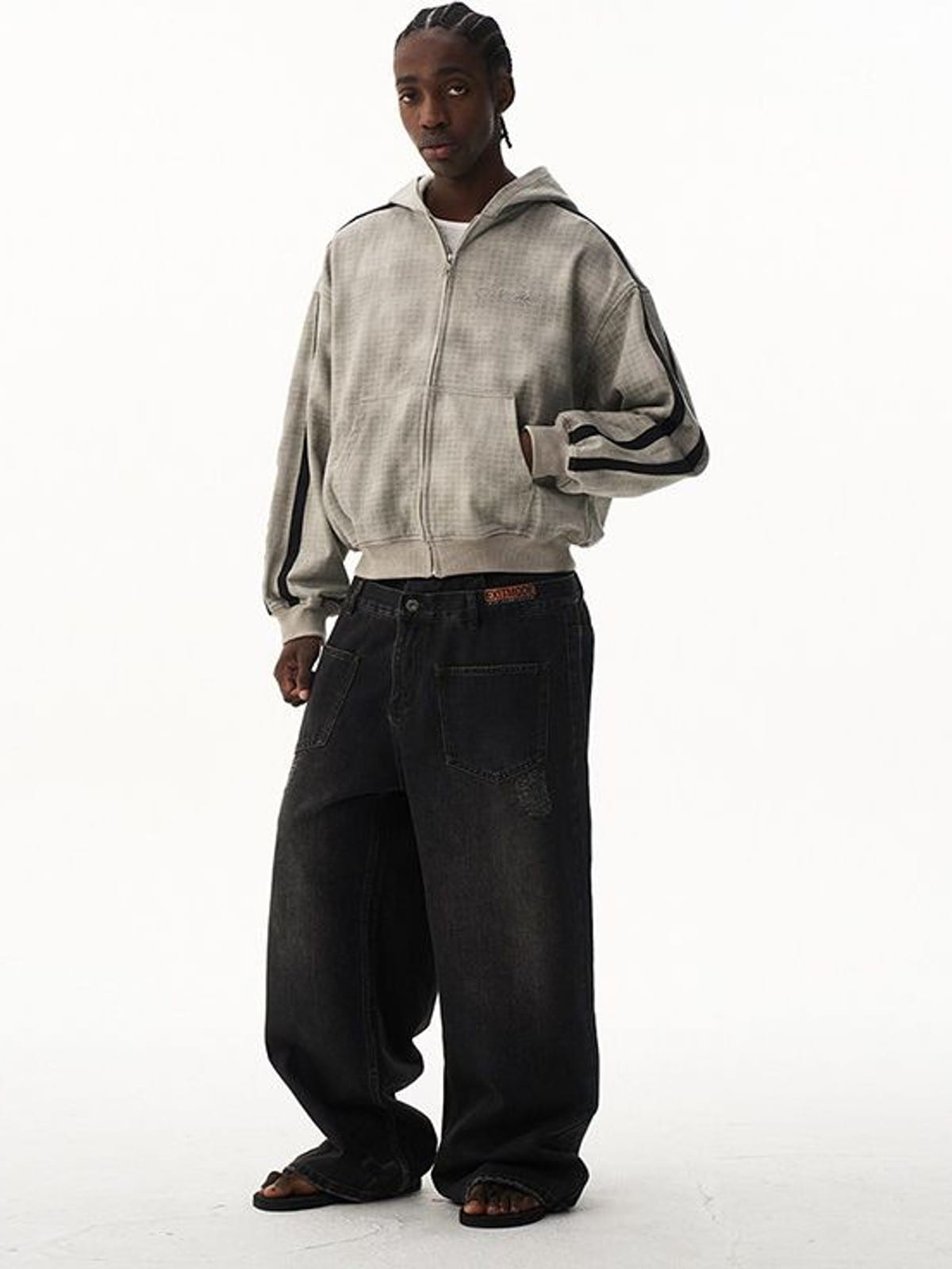 BLINDNOPLAN Distressed Embroidered Zip Up Hoodie in Gray - On Male Model