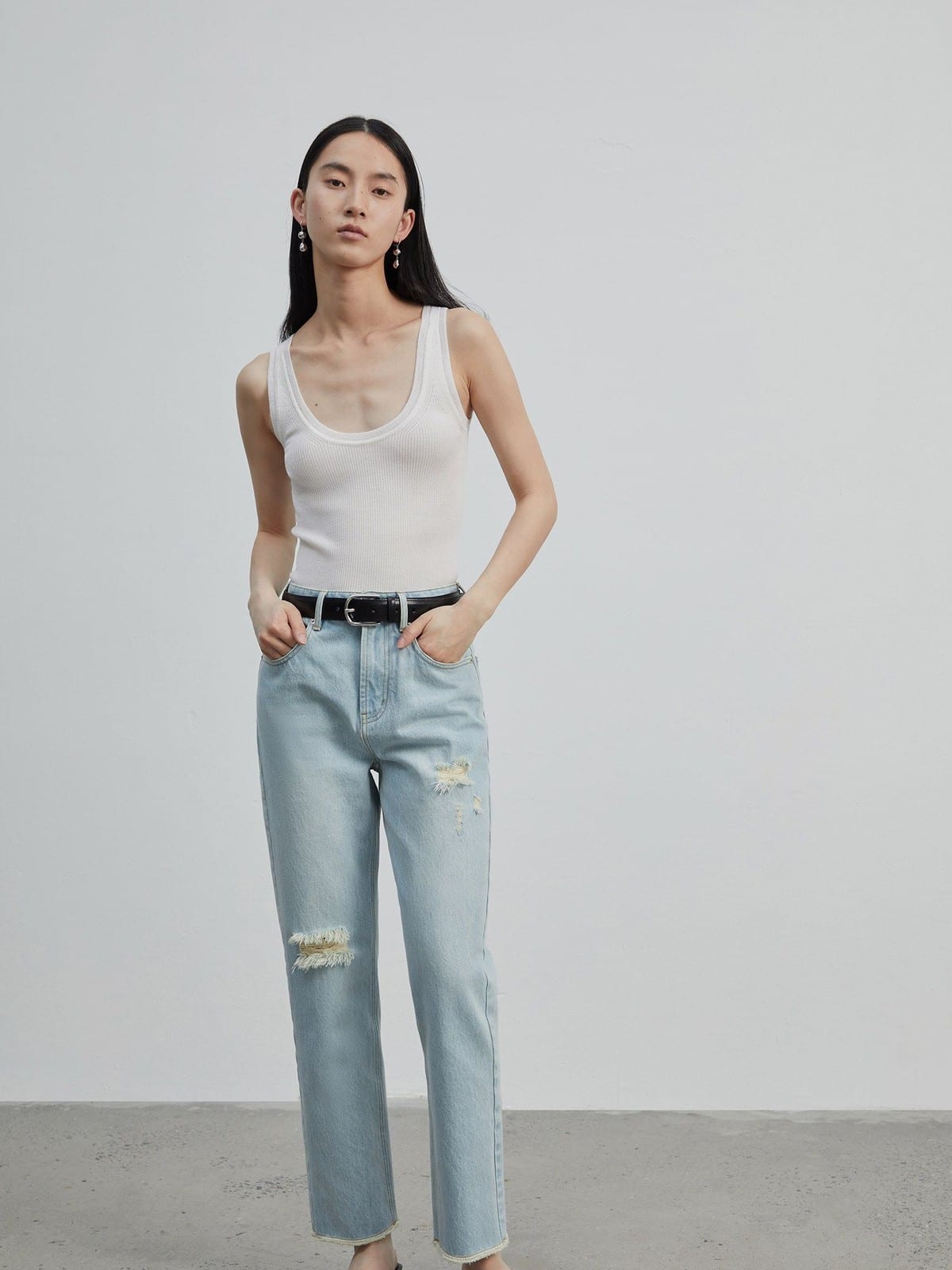 MSBEAST Distressed Turkish Denim Cropped Jeans in Sky Blue - On Female Model