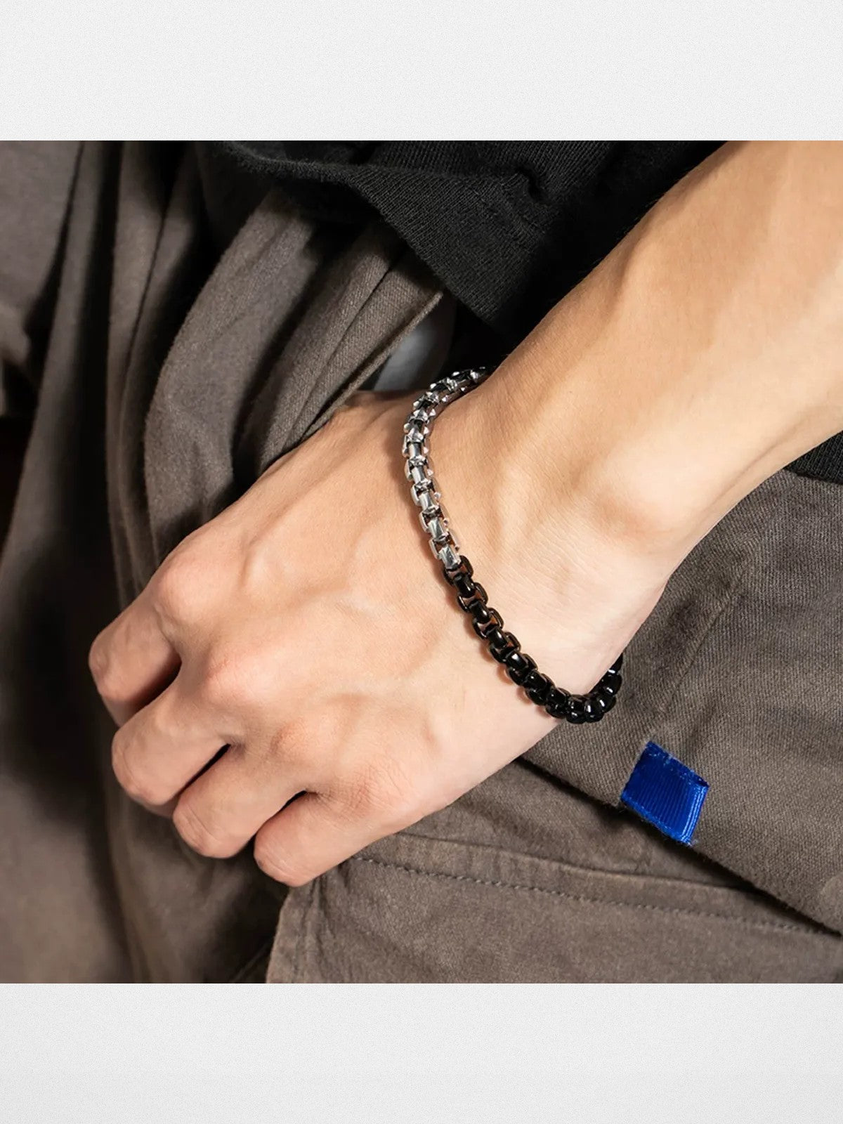 BLACKHEAD Two Tone Steel Box Chain Bracelet in Black - On Male Model